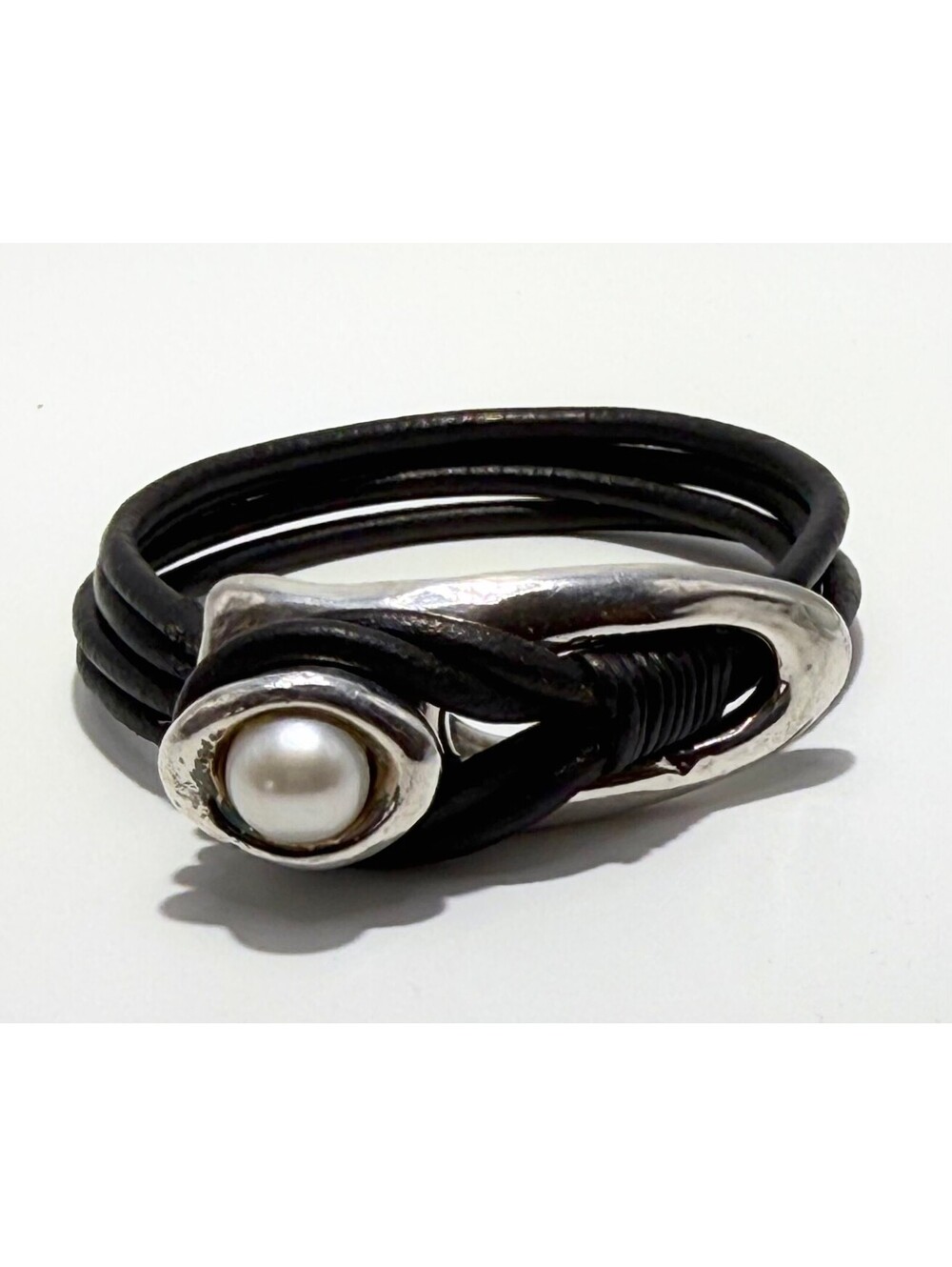 Israeli Silver & Black Leather Wrap Cuff Bracelet with Freshwater Pearl